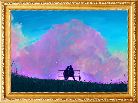 A framed painting of two figures on a bench beneath a towering pink and blue cloud