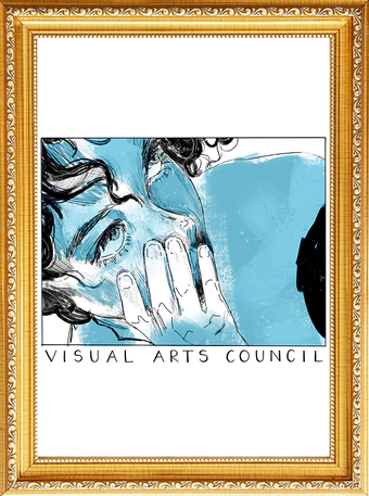 A framed Visual Arts Council poster: an inked portrait with a hand over the face, washed in pale blue