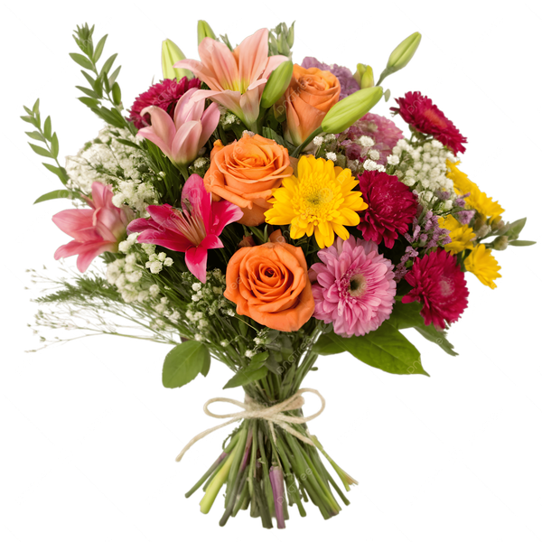 A bouquet of lilies, roses and daisies tied with twine