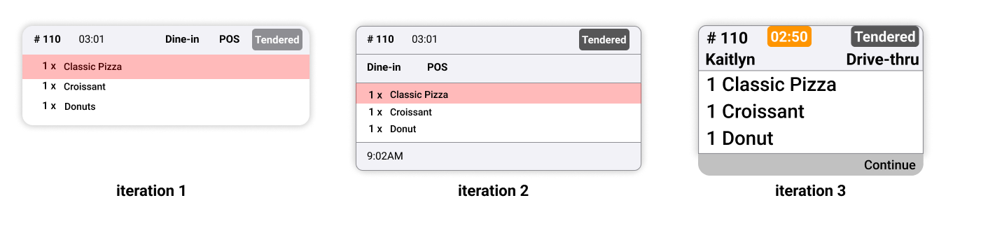Three card iterations side by side: an early light-theme card with a status badge and item list, a refined version with a timestamp row, and a final dark-theme card with a highlighted status, guest name, and Continue affordance