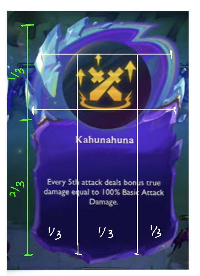An augment card marked up with measurement guides: the icon occupies the top third and roughly the middle half of the width, and the text box fills the bottom two thirds