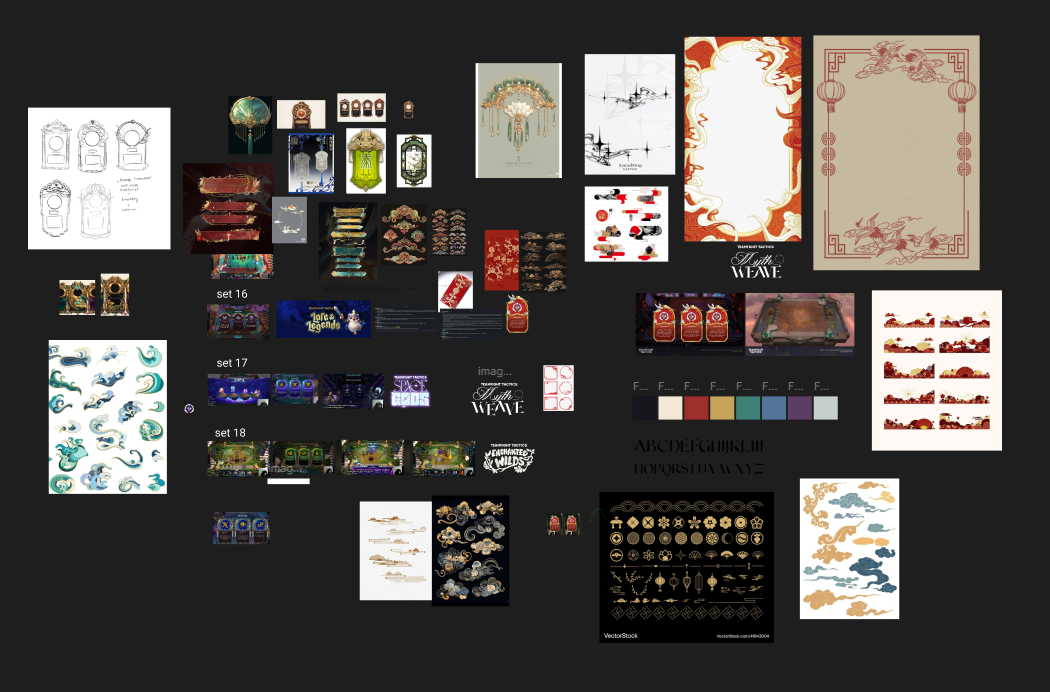 Moodboard of Lunar and mythic reference material: ornament patterns, past TFT set art, color palettes, and iconography