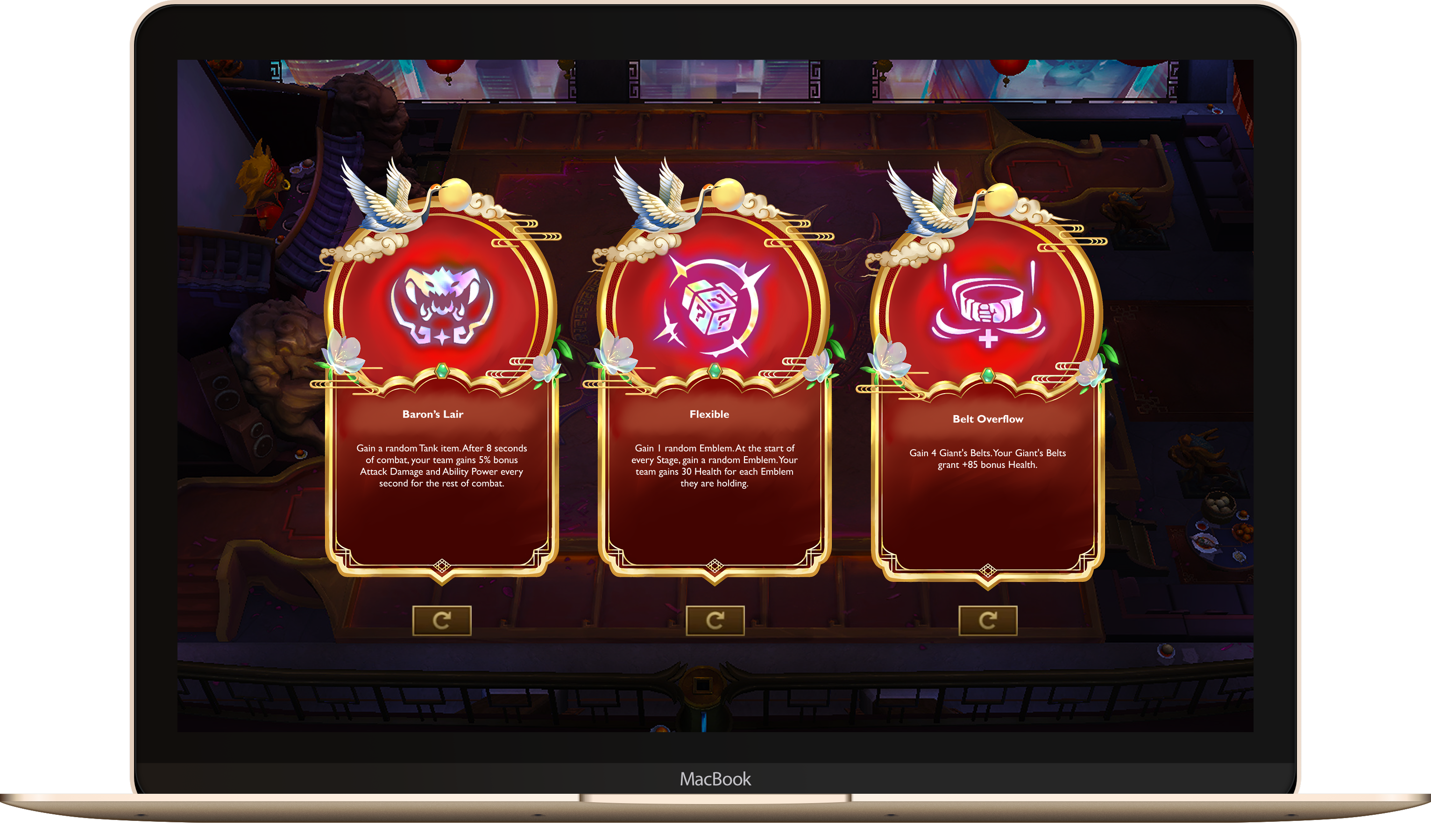The Mythweave augment choice screen shown on a MacBook in a live match environment