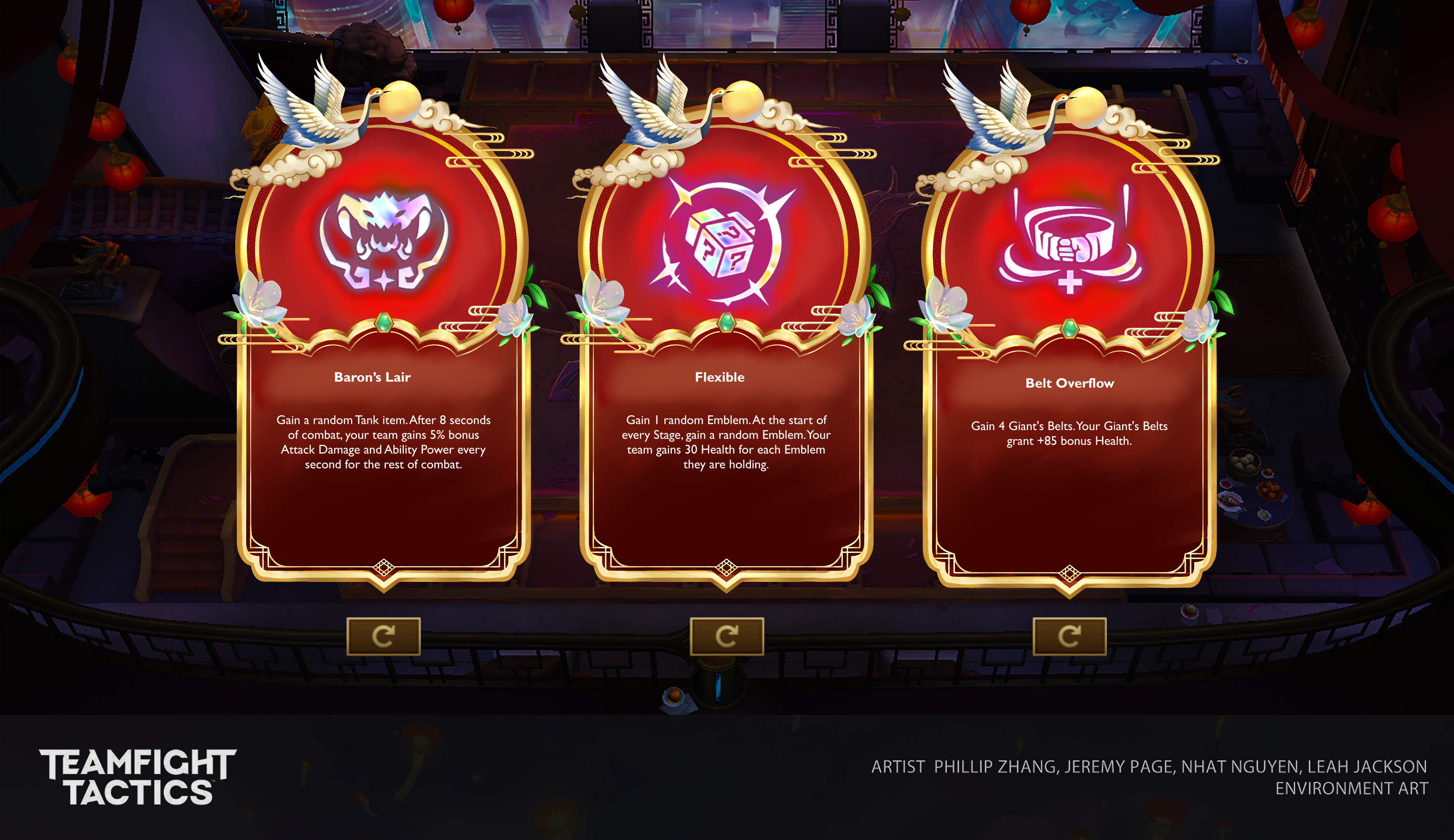 Mythweave augment choice screen mocked up inside a live Teamfight Tactics match, showing the Baron's Lair, Flexible, and Belt Overflow augment cards