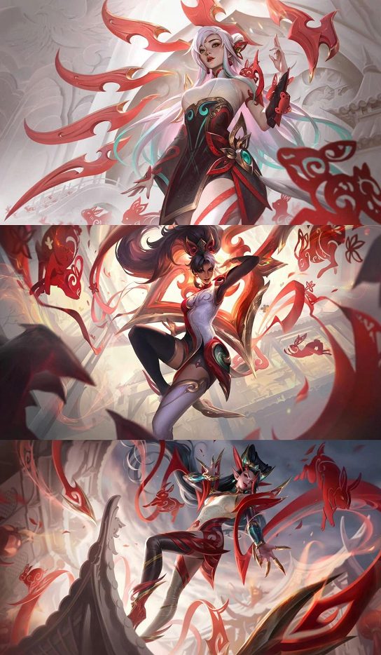 Immortal Journey skin line splash art: spirit-warrior champion in motion with red ribbon motifs