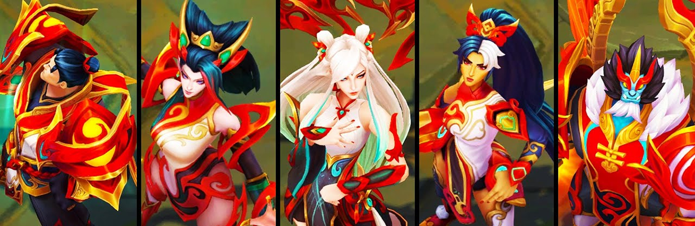 Mythmaker skin line in-game model renders showing the red-and-gold festival costume details