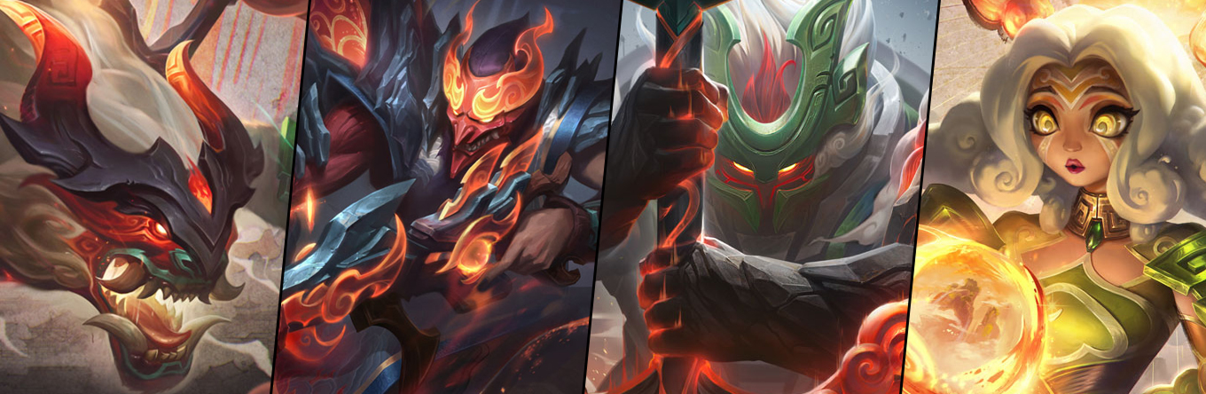 Mythmaker skin line splash art: oni-mask and flame-costume champions