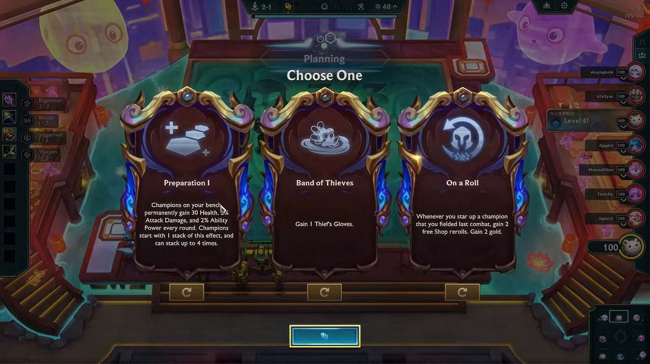 A TFT augment selection screen in a gold and rose ornate frame, offering Preparation I, Band of Thieves, and On a Roll