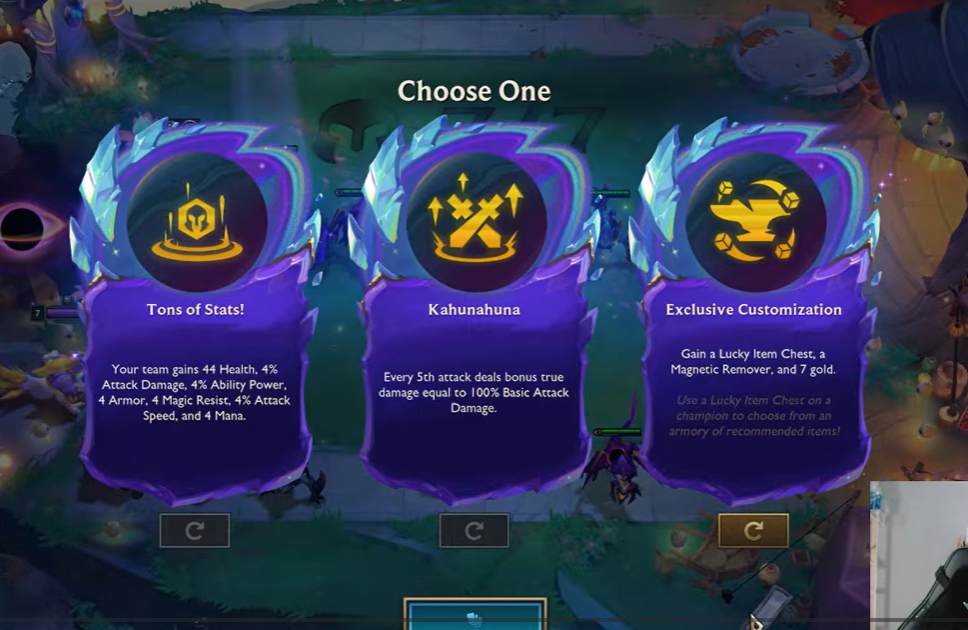 A TFT augment selection screen in a purple crystal frame, offering Tons of Stats, Kahunahuna, and Exclusive Customization