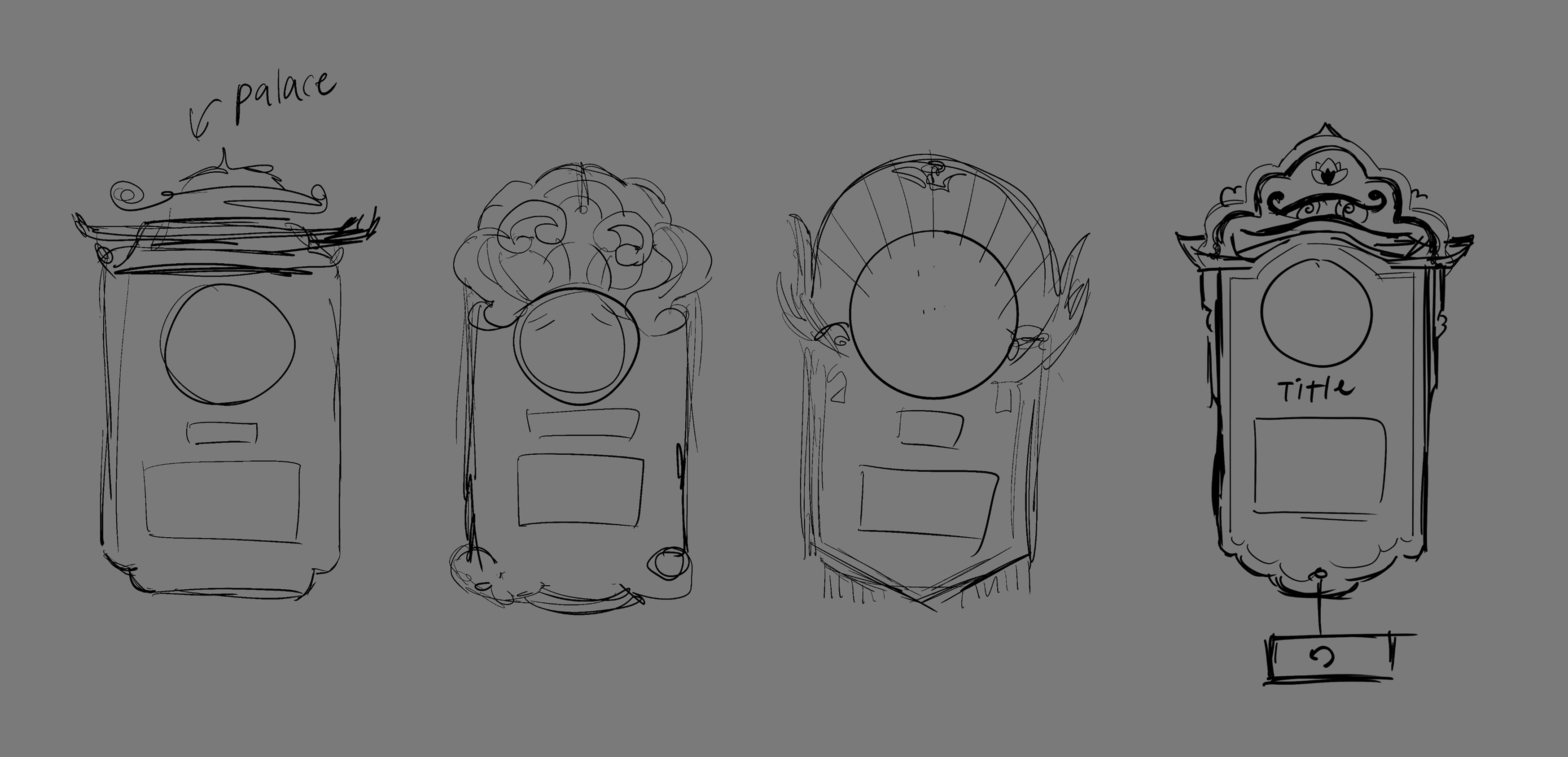 Early thumbnail sketches exploring four different card crest silhouettes, one labeled 'palace'