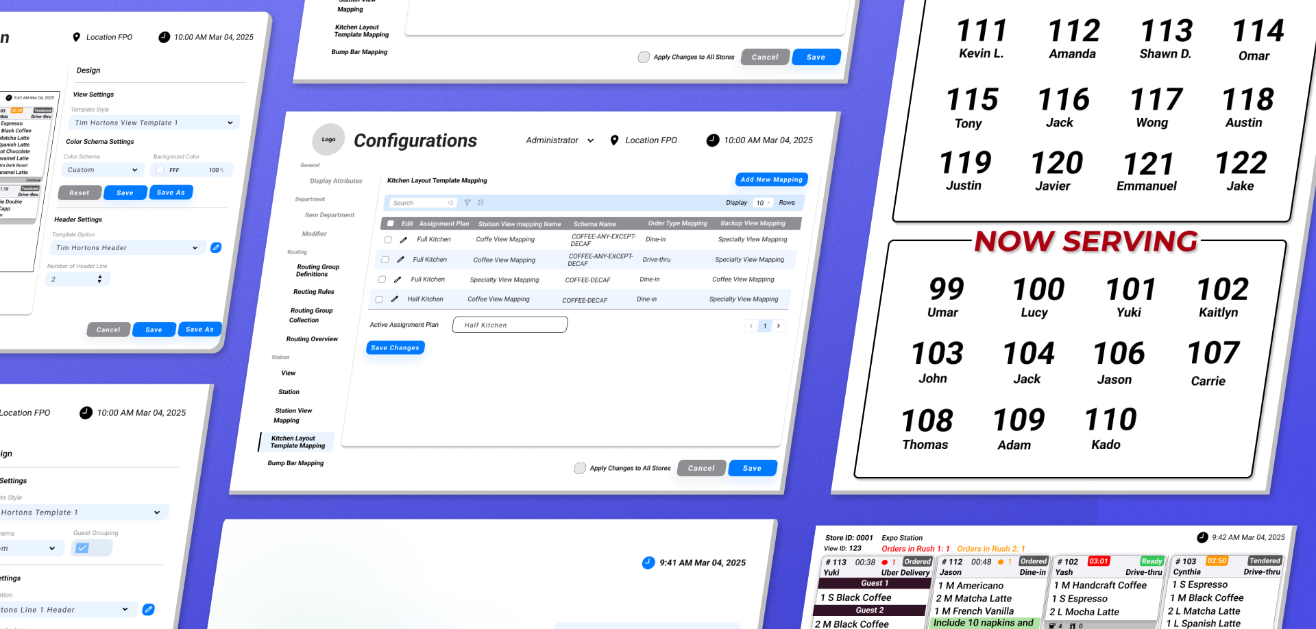 Panasonic kitchen display system: order-ready views, ticket grid, and configuration screens