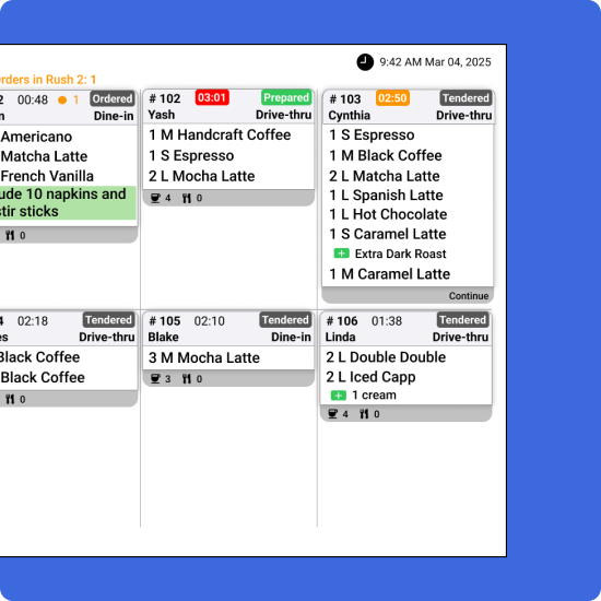 A board of order cards across drive-thru and dine-in lanes, each showing status, timer, and items