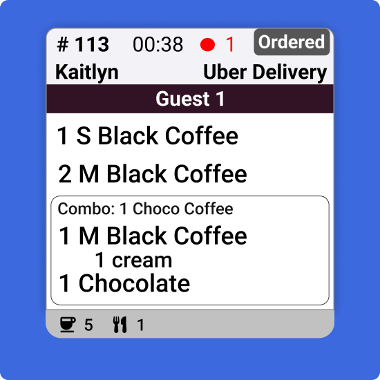 A kitchen ticket card showing order number, timer, guest name, and grouped items with a combo callout