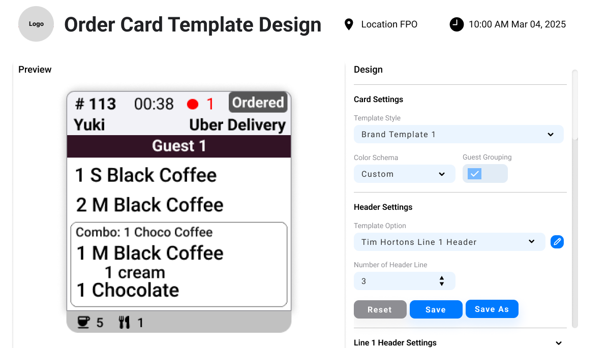 The template configuration tool showing a live card preview alongside color, header, and layout settings