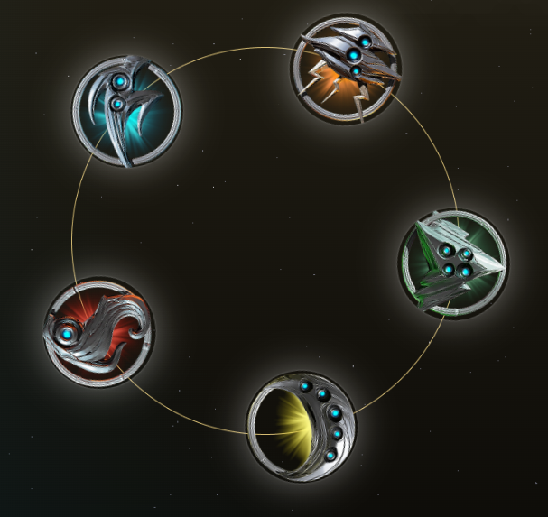 The clan rewards component, showing five rotating reward orbs arranged in a ring