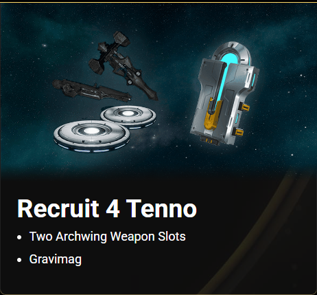 The Recruit 4 Tenno reward card component, showing the Archwing weapon slots and Gravimag it unlocks