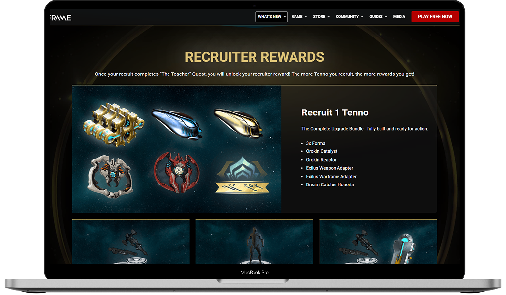 The Recruiter Rewards section on a laptop, with the Recruit 1 Tenno bundle and the items it contains