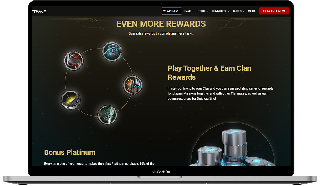 The Even More Rewards section on a laptop, showing the clan rewards ring and the bonus platinum block