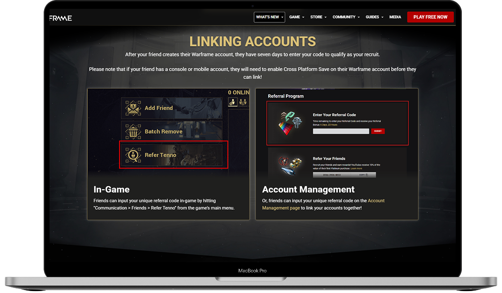 The shipped referral page on a laptop, showing the Linking Accounts section with in-game and account management instructions side by side