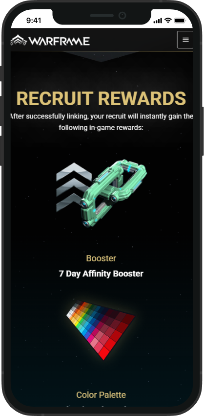 The Recruit Rewards section on a phone, listing the seven day affinity booster and classic color palette a new signup receives