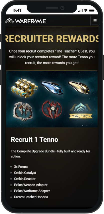 The Recruiter Rewards section on a phone, with the Recruit 1 Tenno bundle stacked above its item list