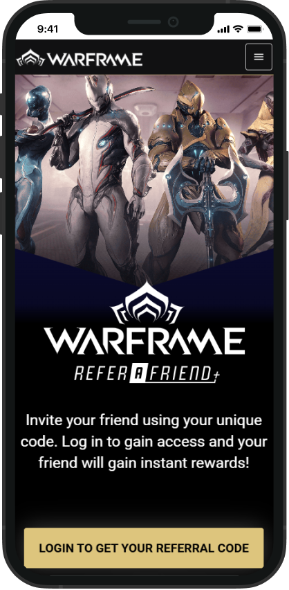 The shipped referral page on a phone, showing the Warframe hero art, the Refer A Friend lockup, and the login call to action