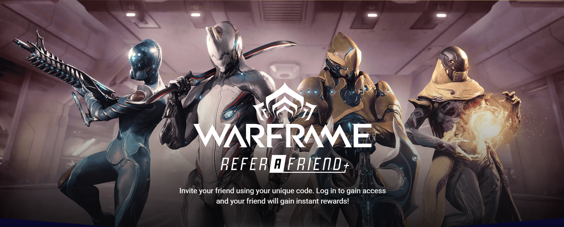 The redesigned Warframe referral page, showing the invite flow and reward tracking