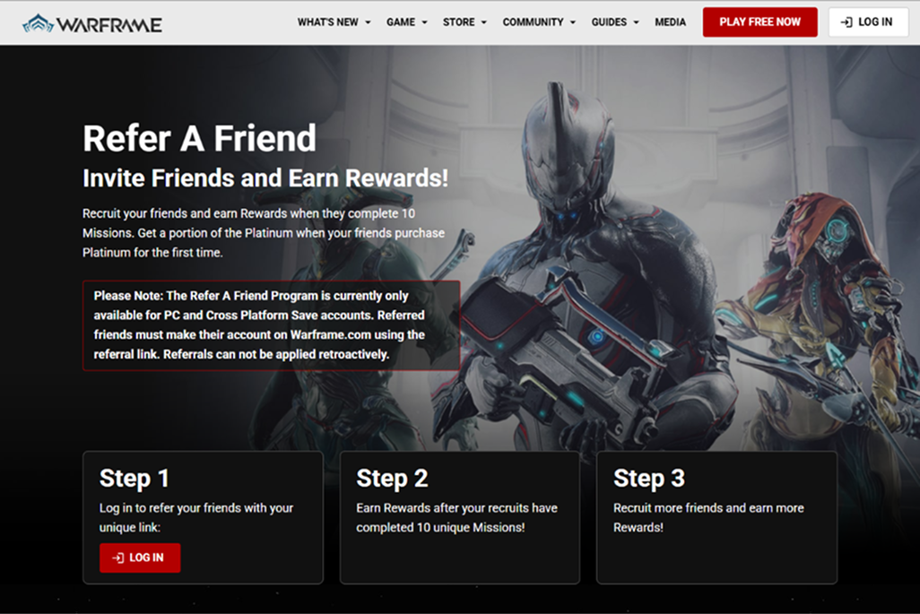 The old Warframe referral page, with long marketing copy pushing the referral link and reward tiers below the fold