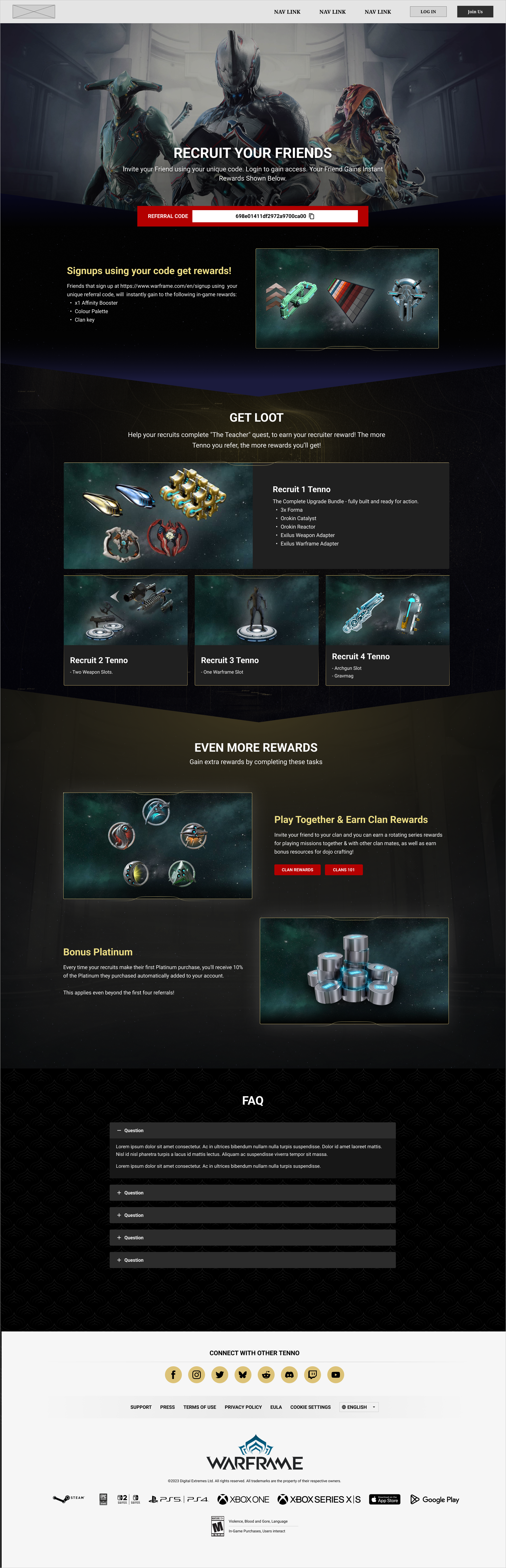 First visual pass of the referral page with real Warframe art in place: a hero of three Warframes behind the recruit headline, the referral code in a red banner, and reward tiers rendered with in-game item art