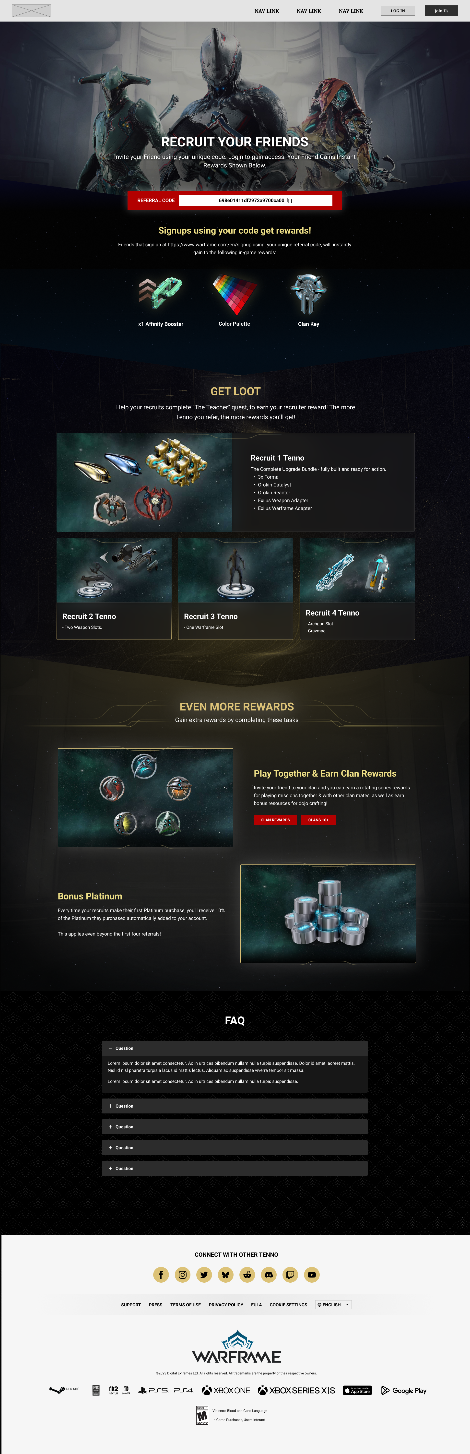 Second visual pass: the signup rewards restyled as three centered icon columns, decorative bracket ornaments on the Even More Rewards heading, and refined section transitions