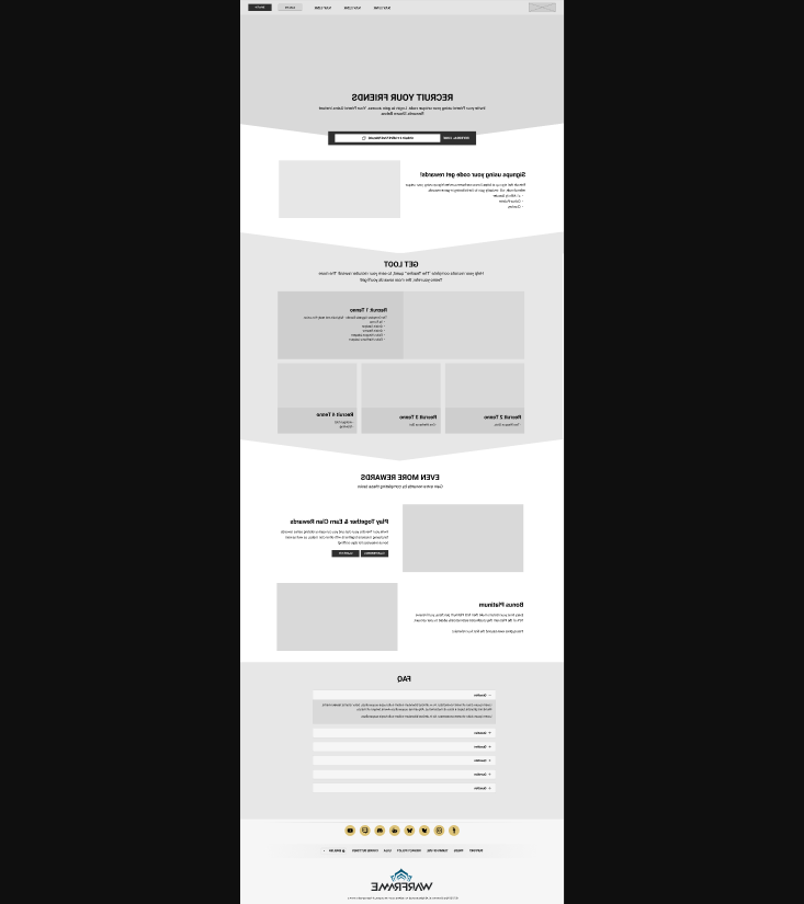 The full referral page layout in greyscale, from the recruit header through reward tiers to the FAQ