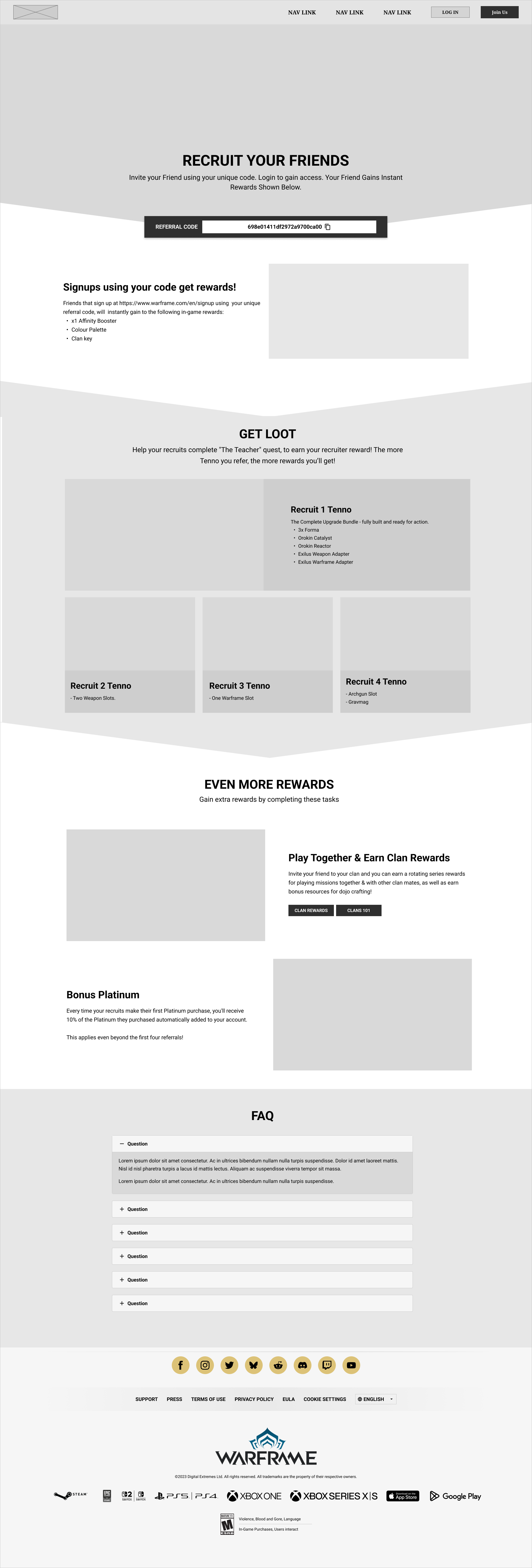 Final wireframe: a centered hero explaining the program, the referral code as a standalone banner beneath it, the Get Loot tiers, extra rewards with clan calls to action, and the FAQ