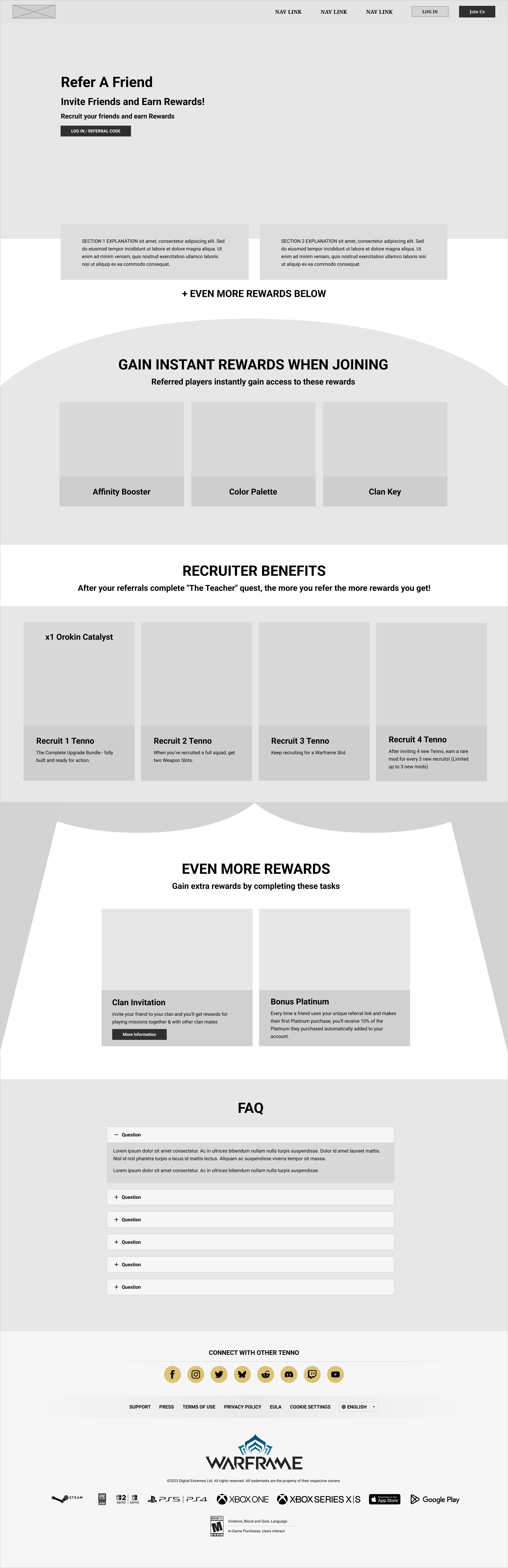 First wireframe pass of the Warframe referral page: a marketing style hero with a log in button, two blocks of explanatory copy, then instant rewards, recruiter benefit tiers, and an FAQ
