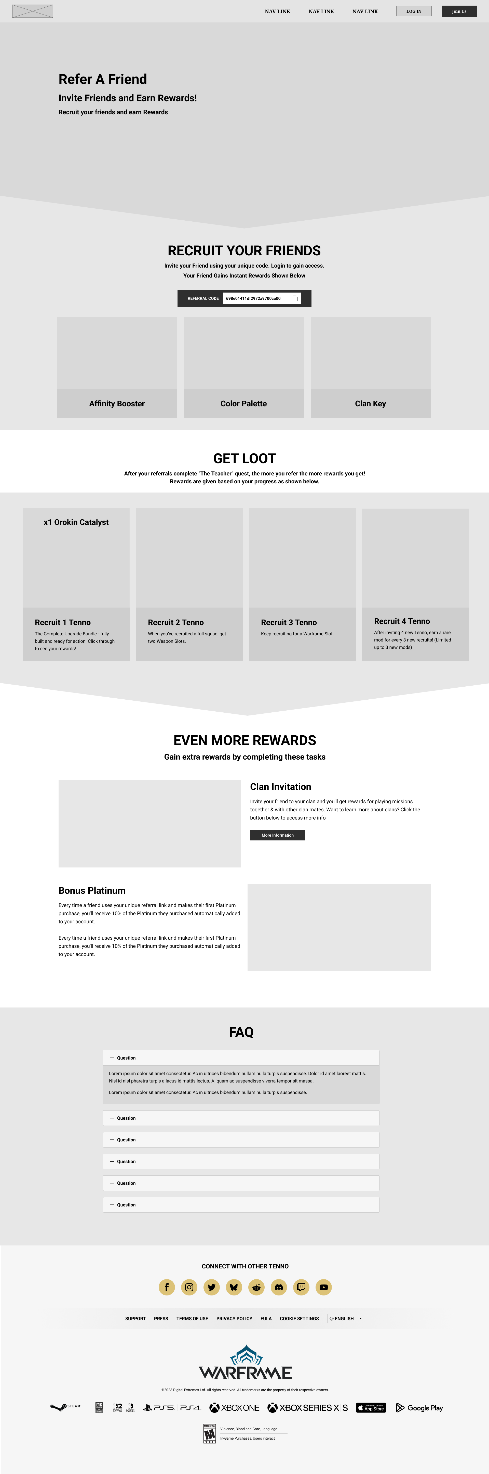 Second wireframe pass: the referral code field moved directly under the hero, followed by instant reward cards, a Get Loot tier row, and alternating text and image blocks