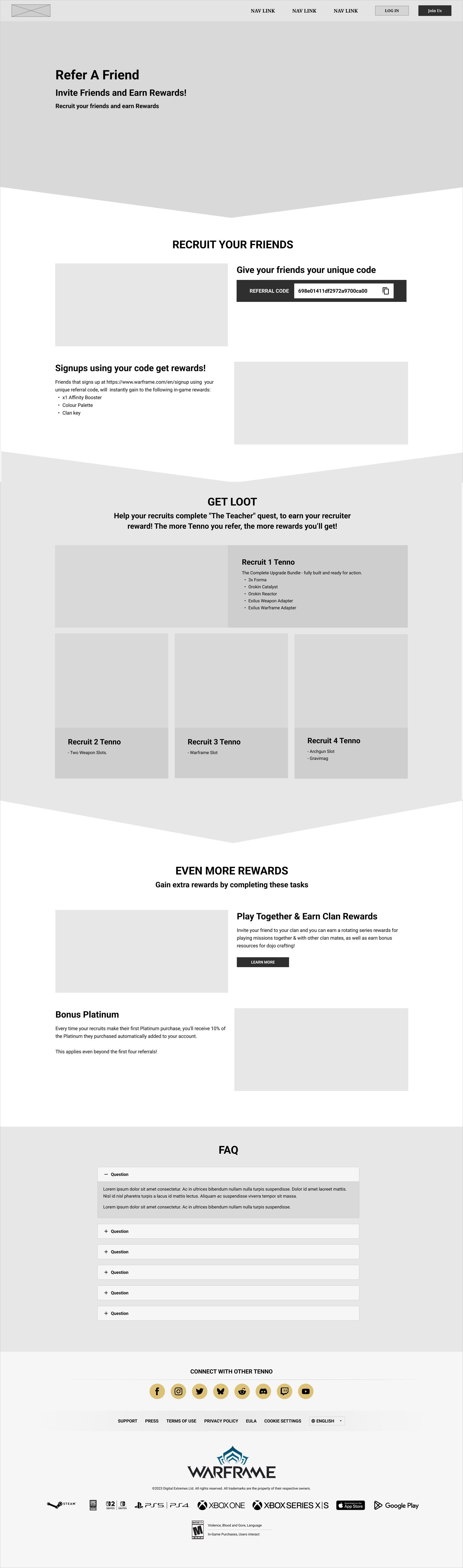 Third wireframe pass: a two column layout pairing the referral code with a list of what signups receive, and the first reward tier promoted to a wider feature card above the other three